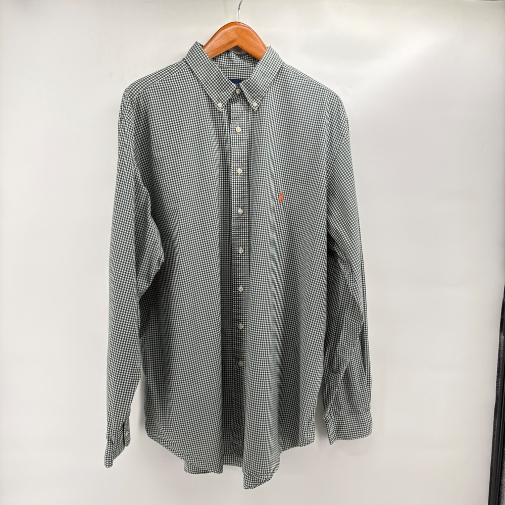 Ralph Lauren Mens 2XLT Green Gingham Check Button Down Shirt Classic Fit Cotton